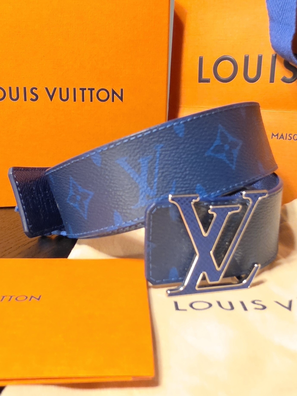 Louis Vuitton Men's Blue Monogram LV Buckle Belt, Size 44